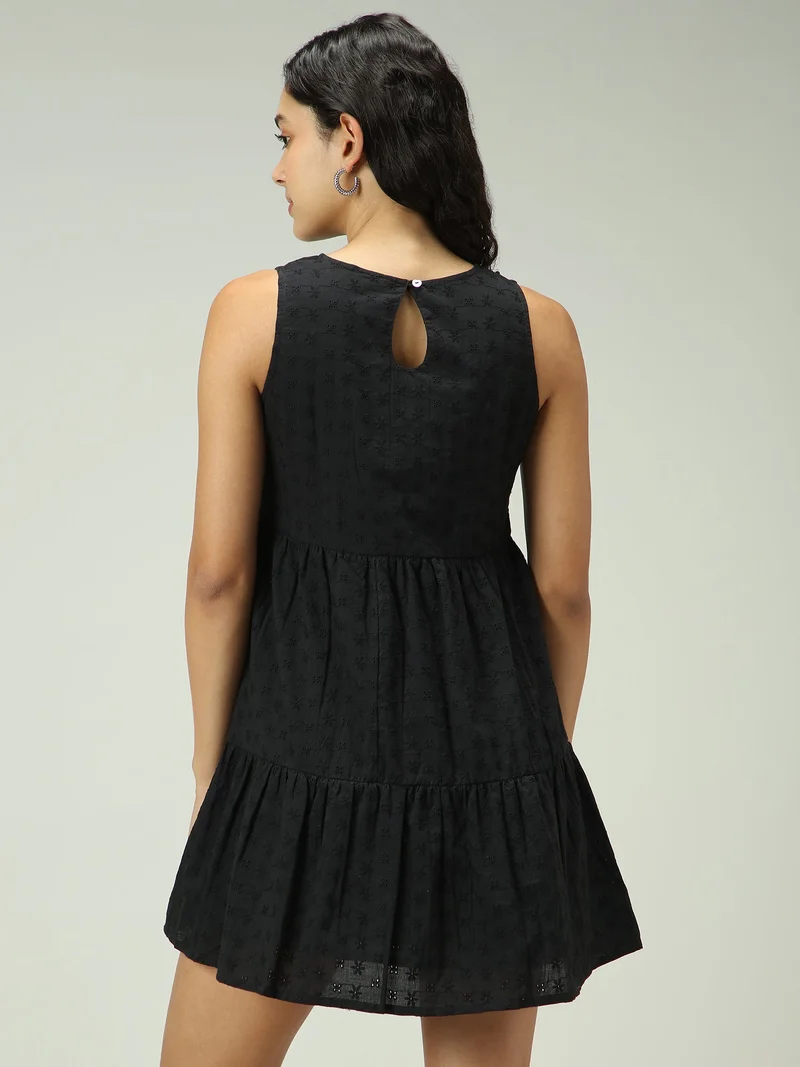 OUTZIDR Black Mini Tiered Schiffli Dress